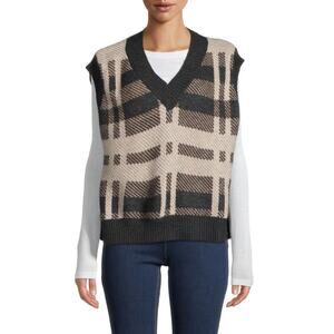 Lucca Madras Black & Tan Checked V-neck Pullover Boxy Knit Sweater Vest